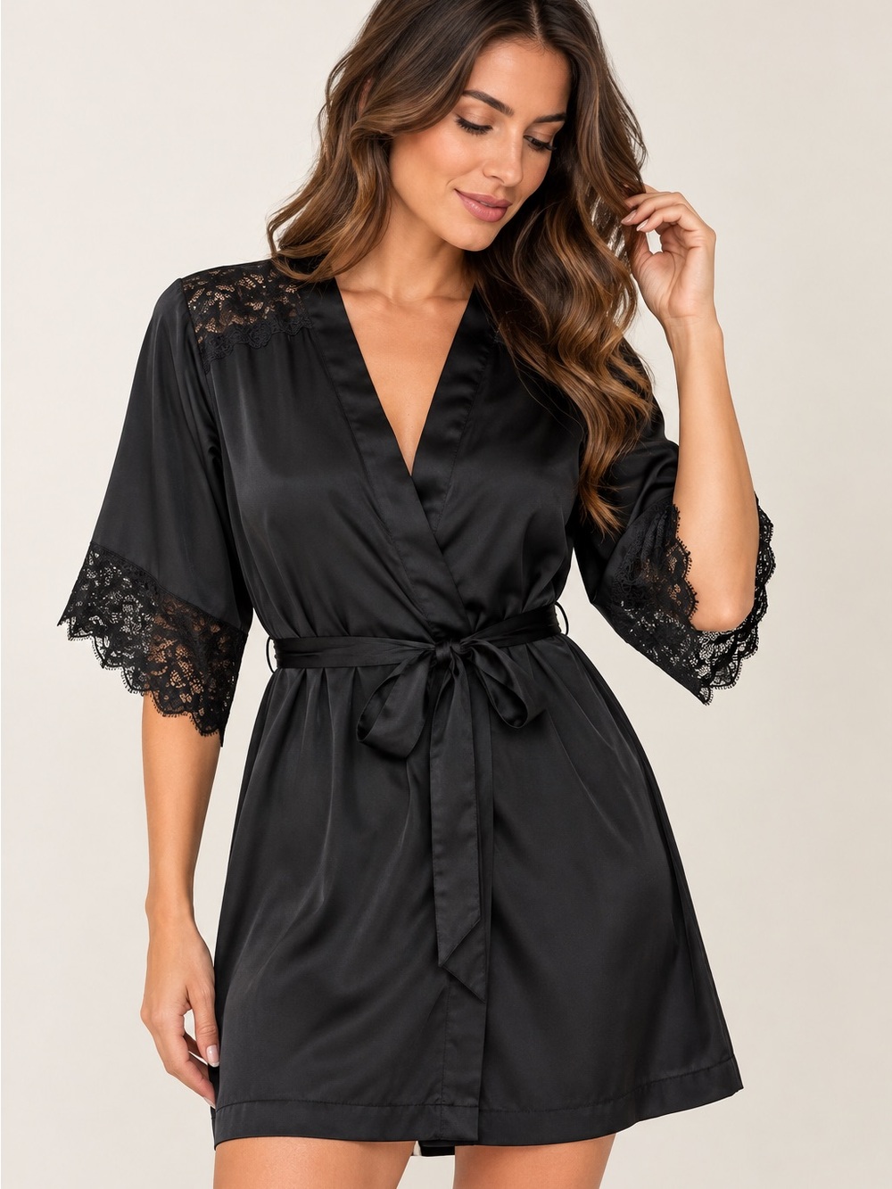 H&M Black Satin Lace-Trim Wrap Robe. Size: M/L